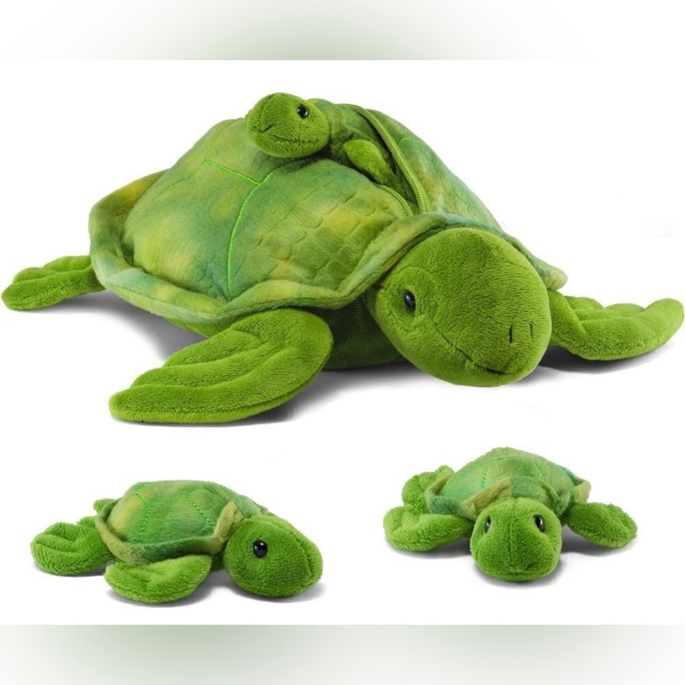 Sea Turtle Stuffed Animal with Babies, Mommy Turtle Plush Toy with Zipper Pocket